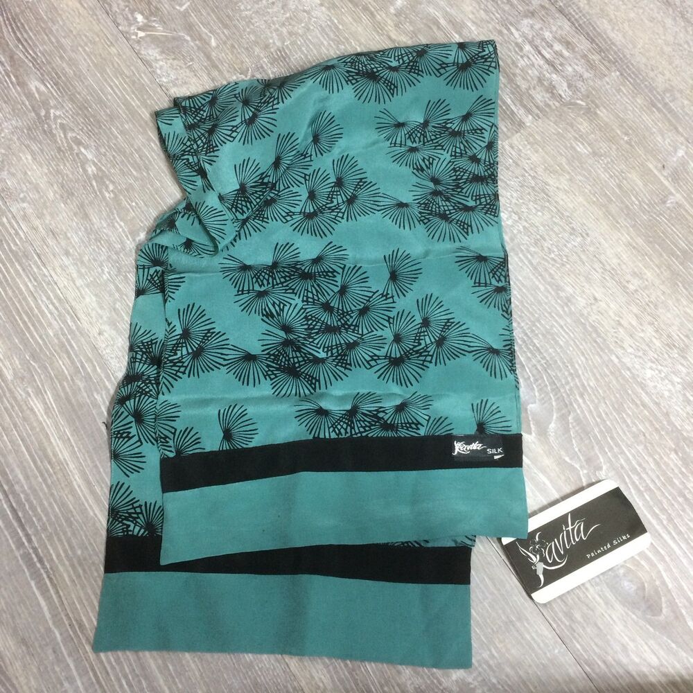 NEW Kavita Hand Screened Silk Scarf Green Black Pine Crepe Oblong NWT 10x68